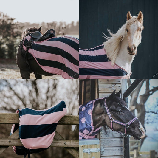 BUNDLE OFFER - Navy and Pink Stripe Fleece, Exercise Sheet, Headcollar and Saddle Cover